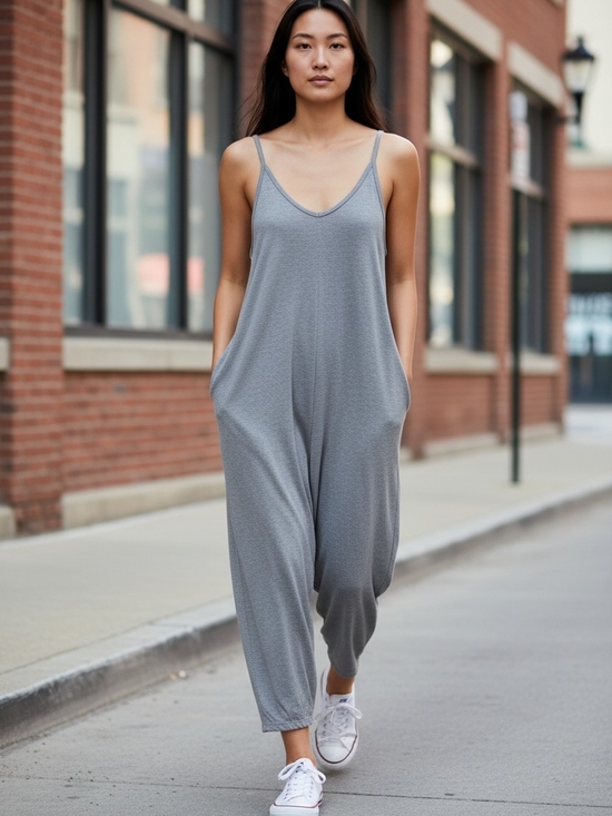 Deep Self Pants - Deep Self Womens Relaxed Gray Sleeveless V-Neck Jumpsuit with Pockets NWT Small